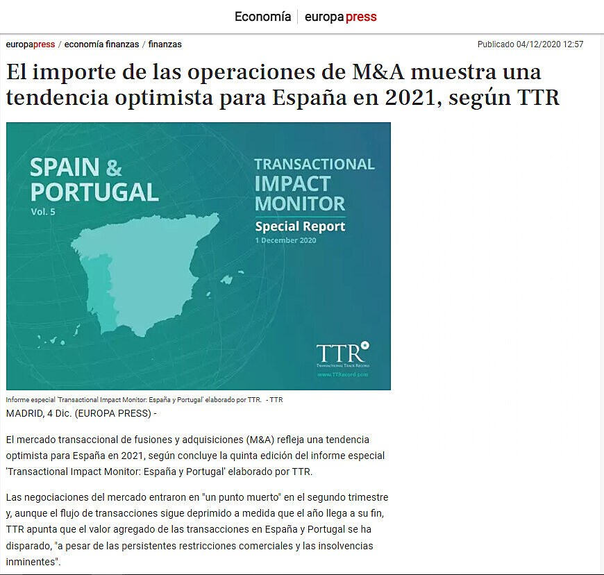El importe de las operaciones de M&A muestra una tendencia optimista para Espaa en 2021, segn TTR